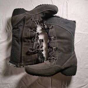 Brillant Faux Fur Leather Uppers Lace Up Rubber Heel Boots  Lined Mid Calf Boots